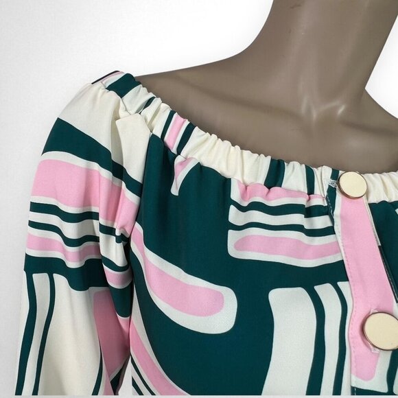 CLOSET. LONDON 4 Green, White and Pink Off Shoulder Dress Long Sleeve Retro‎ 60s - Picture 5 of 10